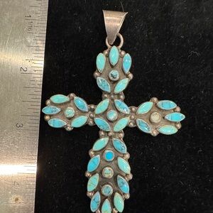 Large Vintage Turquoise & Sterling Silver Cross Pendant 38g Statement Piece